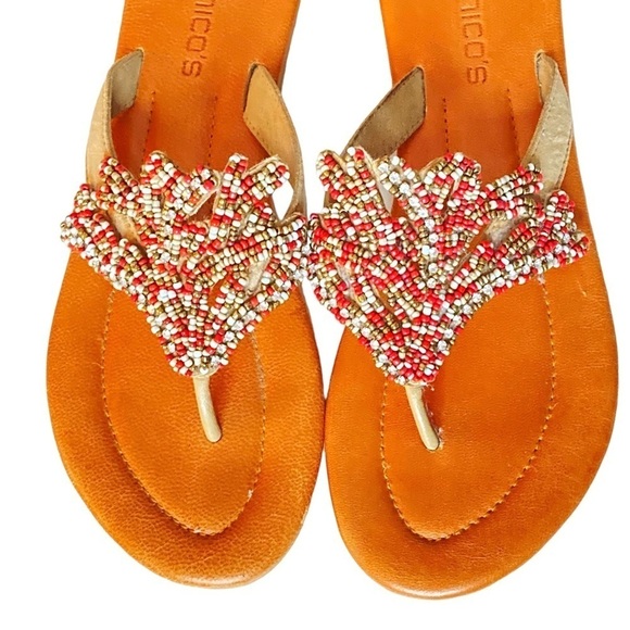 Chicos Tan Thong Sandals w/Red, White and Gold Beading - Picture 3 of 12